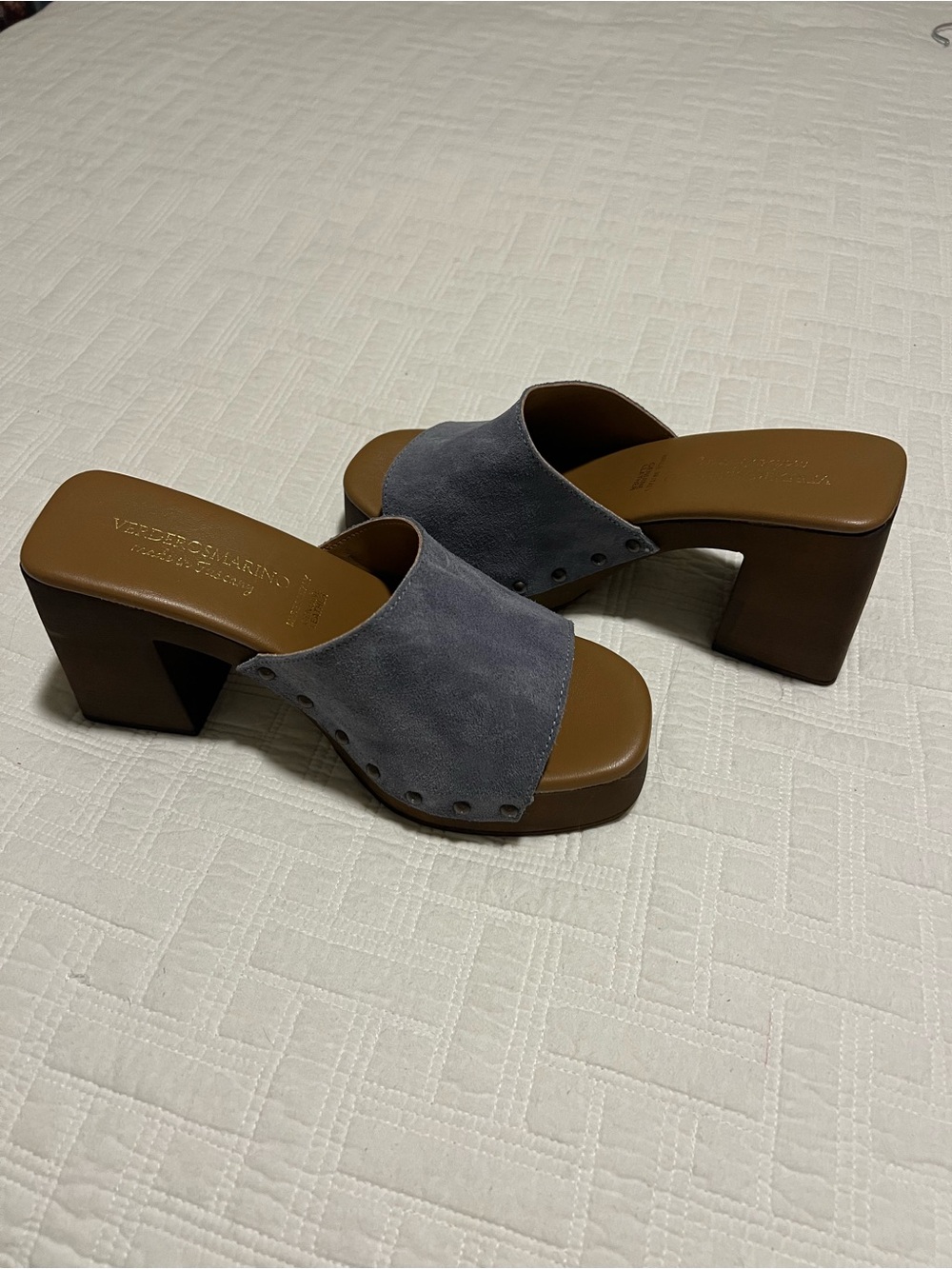Gray Suede Platform Mules with Brown Block Heel